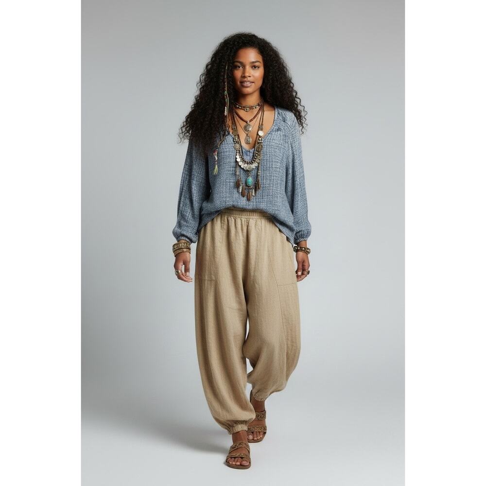 Women's Boho Hippie Plus Size Crinkle Gauze Blouse V-Neck Gray Blue Tunic 1X - Picture 2 of 9